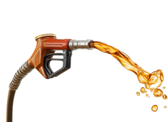 Fuel Pump Nozzle Dispensing Golden Liquid with Splatter isolated on a transparent background