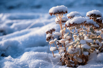 Winter atmospheric landscape with frost-covered dry plants during snowfall. Winter Christmas...