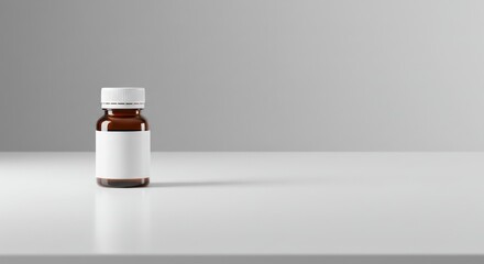 Small Brown Medicine Bottle with White Label on Minimalist Gray Surface
