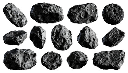 Fifteen rough-textured asteroids, isolated on black background, various shapes