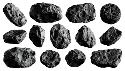 Fifteen rough-textured asteroids, isolated on black background, various shapes