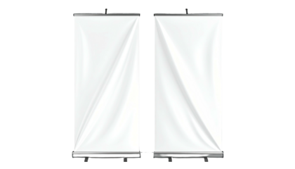 Two blank white vertical retractable banners on black background