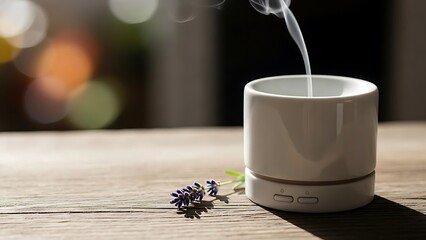 Minimalist aromatherapy diffuser and essential oil with candle and book on a wooden table, cozy self-care ritual flat lay
