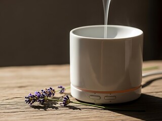 Minimalist aromatherapy diffuser and essential oil with candle and book on a wooden table, cozy self-care ritual flat lay