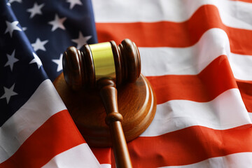 Judge's gavel on the table in focus. Cropped view of Judge's hammer for attention and verdict, justice judgment at courts of law.