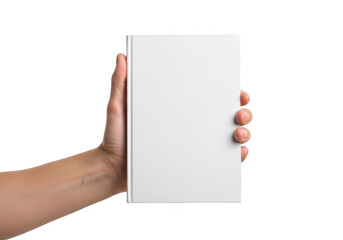 Obraz premium Hand holding a blank white book isolated on transparent background