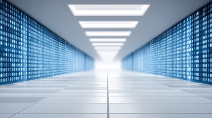 High-Tech Digital Corridor with Glowing Binary Code and Bright Light at the End, Representing Data Management and Technological Advancement
