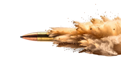 Bullet in flight creating an explosion of dust against a black background