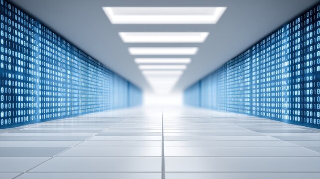 High-Tech Digital Corridor with Glowing Binary Code and Bright Light at the End, Representing Data Management and Technological Advancement - Powered by Adobe