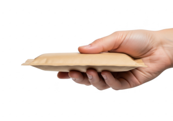 Hand holding a brown padded envelope isolated on transparent background