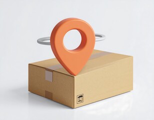 Orange location pin levitates above a cardboard box with a gray ring on a shiny white surface