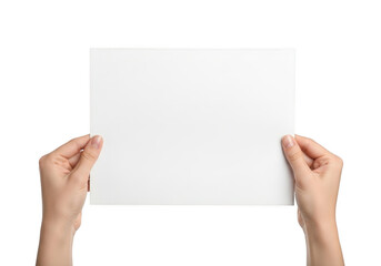 Obraz premium Two hands holding a blank white paper sheet isolated on transparent background