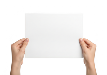Two hands holding a blank white paper sheet isolated on transparent background