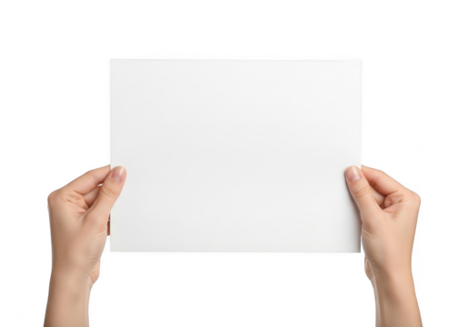 Two hands holding a blank white paper sheet isolated on transparent background - Powered by Adobe