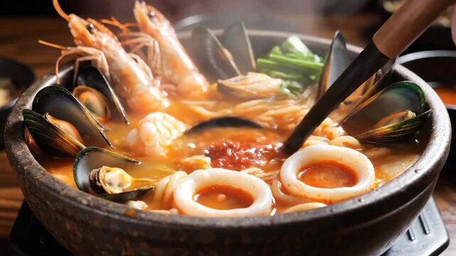 Close up of a seafood stew with various shellfish and vegetables studio lighting