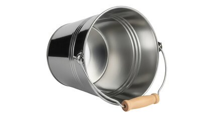 Shiny metal bucket with wooden handle isolated PNG, empty pail for cleaning or gardening on transparent background © Florin