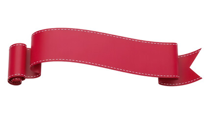 Elegant red ribbon banner isolated PNG, decorative scroll with stitched edges for graphic design and promotional use on transparent background