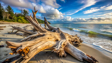A large piece of driftwood on a sandy beach with blue ocean