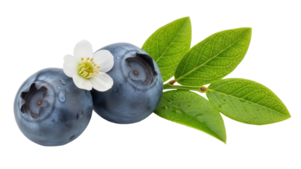Two blueberries with flower and leaves PNG isolated on transparent background, fresh fruit for healthy eating and summer designs