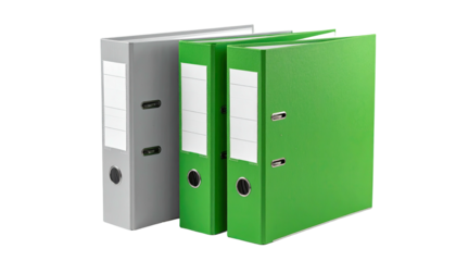 Three colorful, upright, filled binders set against a black background