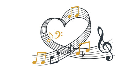 Musical heart with golden notes and treble clef symbol