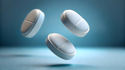 Three white pills floating in the air on a blue background