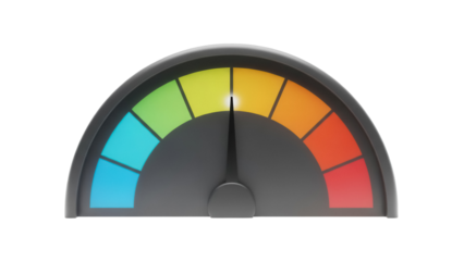Colorful speedometer gauge isolated PNG on transparent background, performance measurement tool for dashboard and infographic design