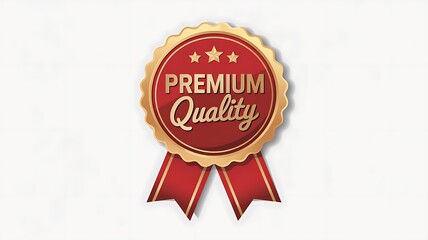 A premium quality badge with a red and gold ribbon on a white background