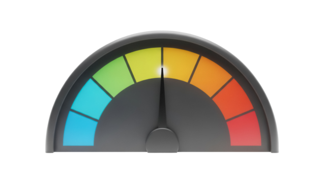 Colorful speedometer gauge isolated PNG on transparent background, performance measurement tool for dashboard and infographic design - Powered by Adobe
