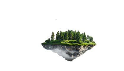 A small floating island with trees and rocks against a black void