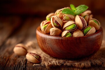 Pistachios in wood bowl on burlap with mint garnish with wooden background.