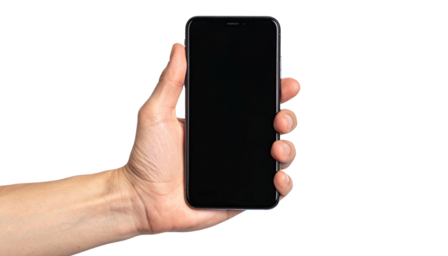 Human hand holding a modern smartphone with blank black screen - Powered by Adobe