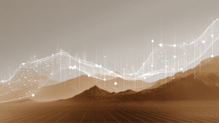 Abstract representation of data flow and analytics over a mountainous landscape with a digital aesthetic and modern visual elements for creative use