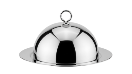 Elegant silver serving dome isolated PNG on transparent background, catering equipment for restaurants and special events
