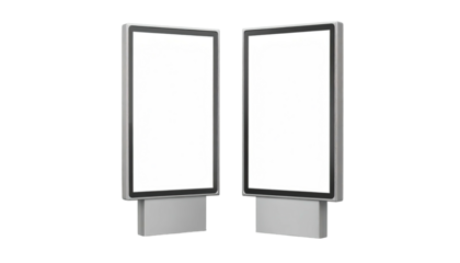 Two illuminated, vertical displays with blank white screens, on stands