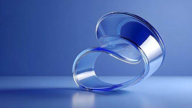 Abstract sculpted transparent blue glass object with smooth curves and reflective surface against a soft gradient background creating a modern artistic composition