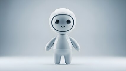 A cute, white 3D character with a rounded shape and a friendly expression. Large, shiny eyes and a simple smile create a warm impression. The material appears glossy, like plastic, with soft lighting 