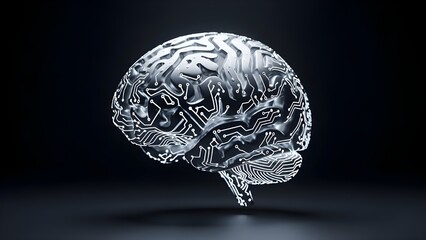 A futuristic silver brain illustration with a glowing electronic circuit pattern. The transparent design and high-tech details symbolize artificial intelligence, digital connectivity, and the fusion 