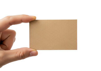 Hand holding a blank brown business card isolated on transparent background