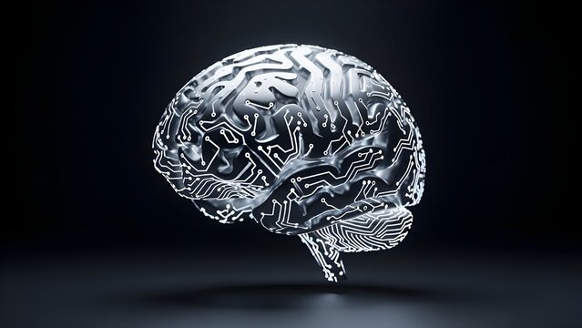 A futuristic silver brain illustration with a glowing electronic circuit pattern. The transparent design and high-tech details symbolize artificial intelligence, digital connectivity, and the fusion  - Powered by Adobe