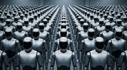 A Futuristic Assembly of Humanoid Robots in a Vast, Sleek Industrial Environment with Symmetrical Lines