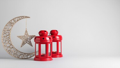 Red Lanterns and Crescent Moon with Star on Light Gray Background