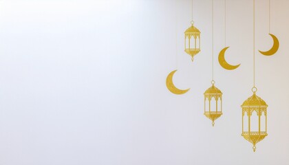 Gold Line Art of Hanging Islamic Lanterns and Crescent Moons on White Background