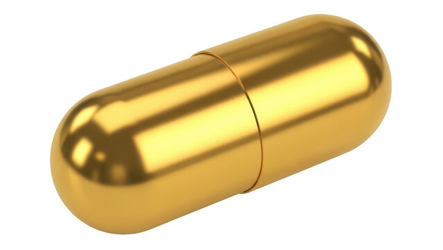 Shiny golden capsule isolated PNG, medicine drug pill on transparent background, pharmaceutical medication for health and wellness