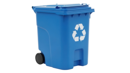 Blue recycling bin PNG isolated on transparent background, waste container for garbage disposal and environmental conservation