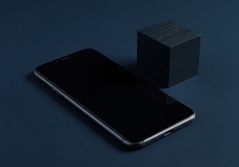 Smartphone with Black Wooden Cube on Dark Surface Modern Minimalist Technology Scene