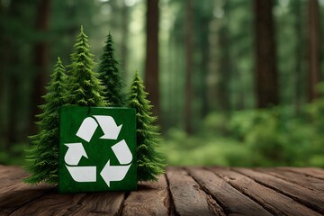 Recycle Symbol in Forest EcoFriendly Concept with Trees on Wooden Table.