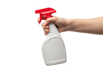 Hand holding a white spray bottle with red trigger isolated on transparent background