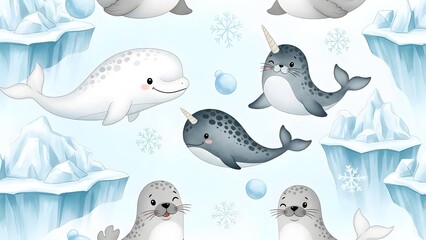 Cute Arctic animals playing in icy landscape with snowflakes