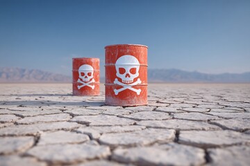 Red Barrels with Skull  Crossbones on cracked earth with danger in desert landscape.